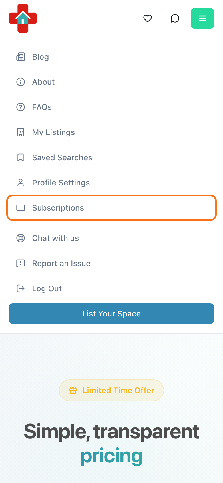 Account menu with Subscriptions highlighted