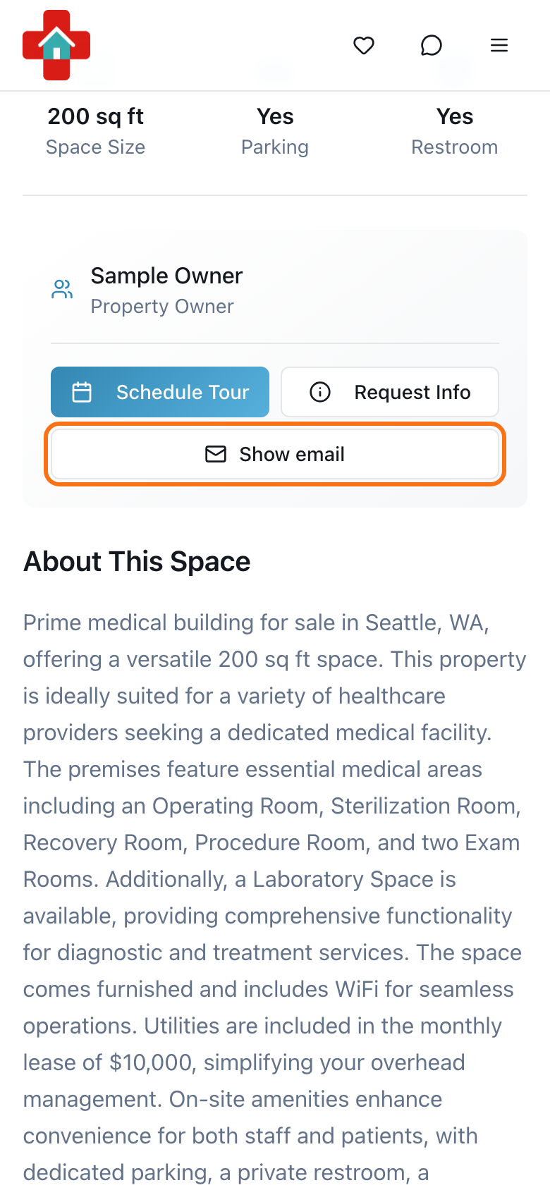 Owner card with the Show email button