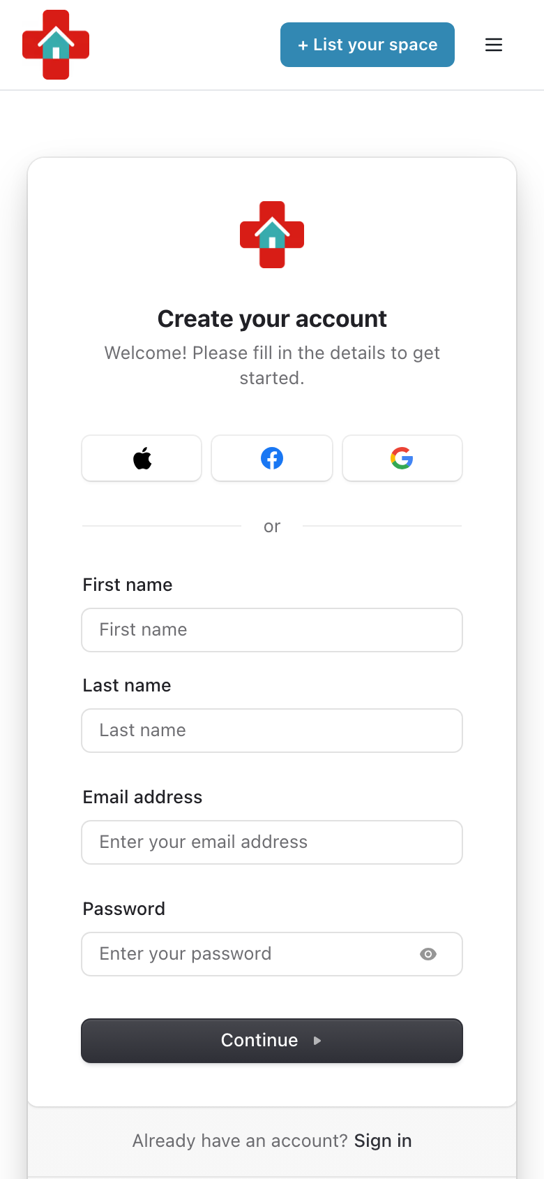 Sign-up page on a phone