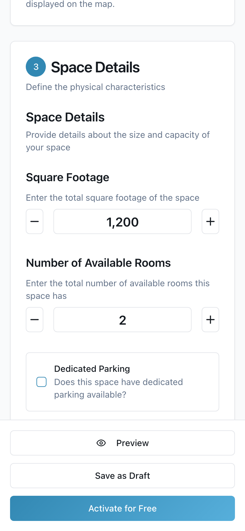 Space details section of the listing form