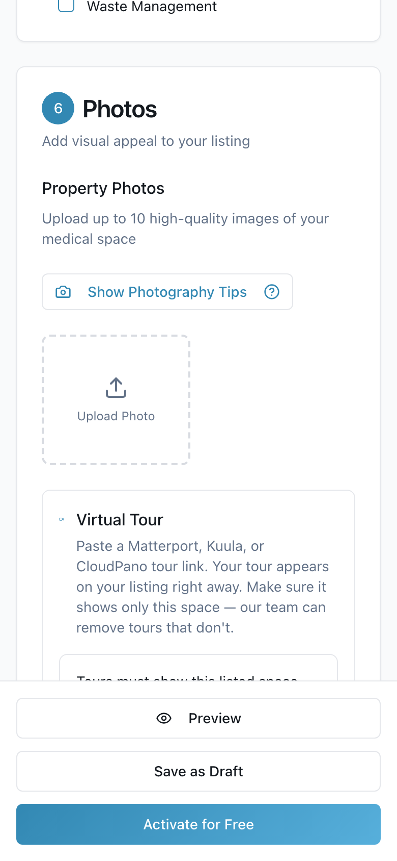 Photos section of the listing form