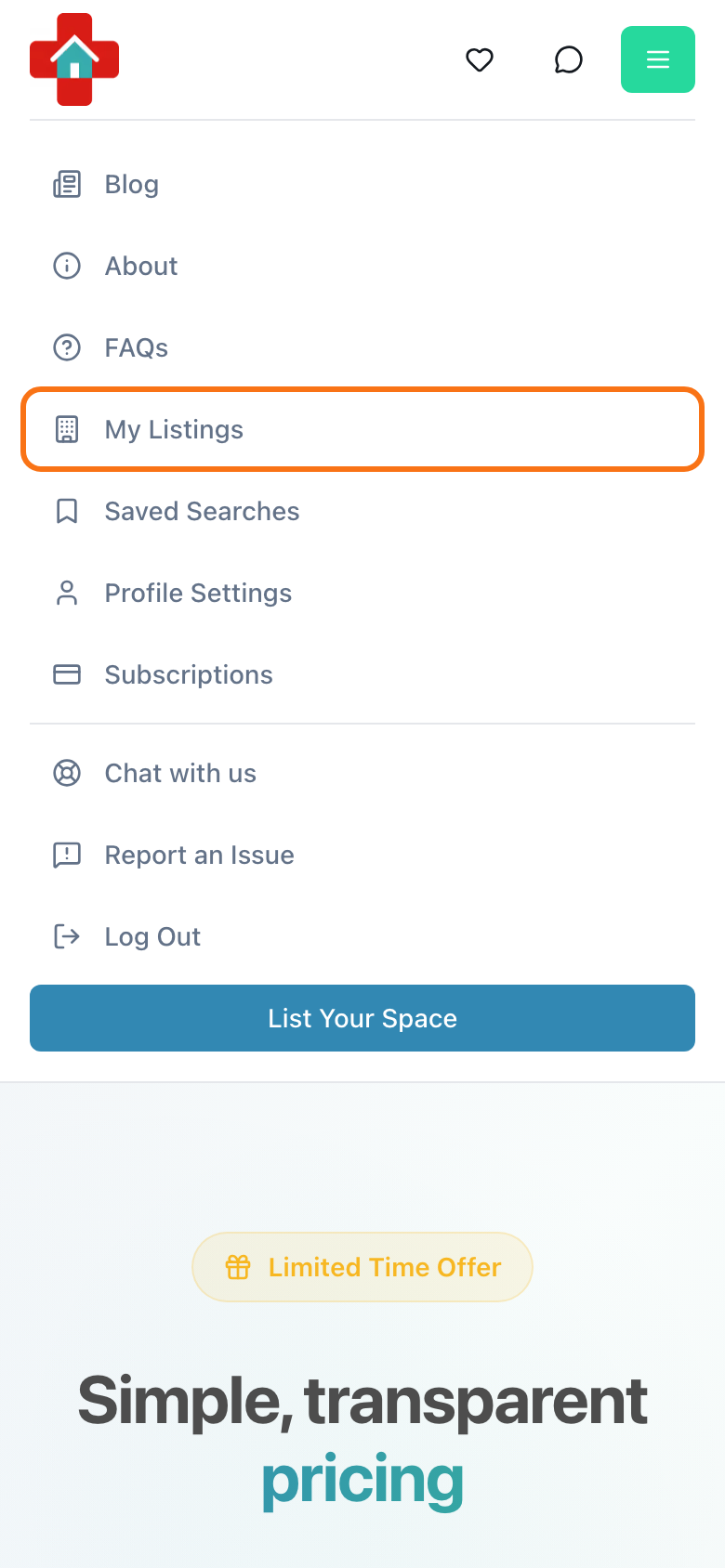 Account menu with My Listings highlighted