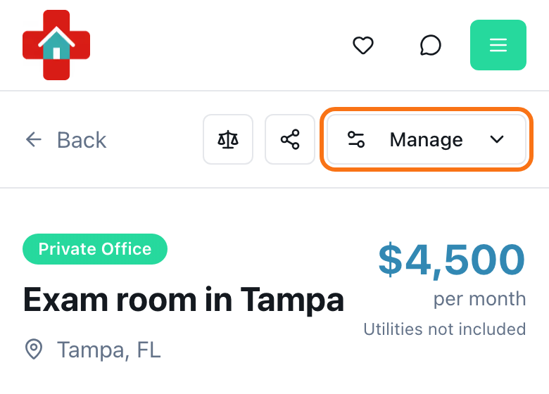 Listing page with the Manage button in its header