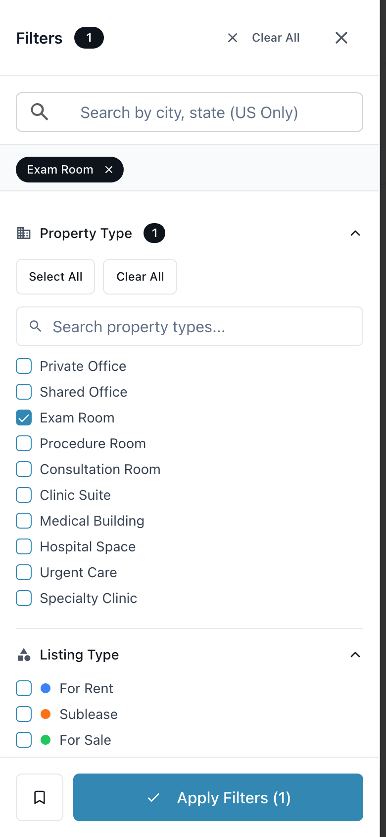 Filters panel on the Listings page