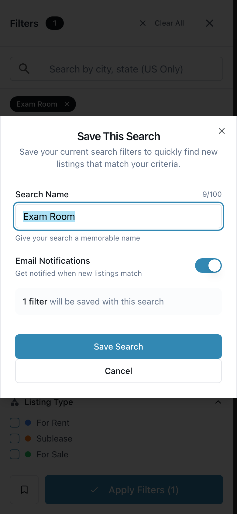 Save This Search box with a name and Email Notifications